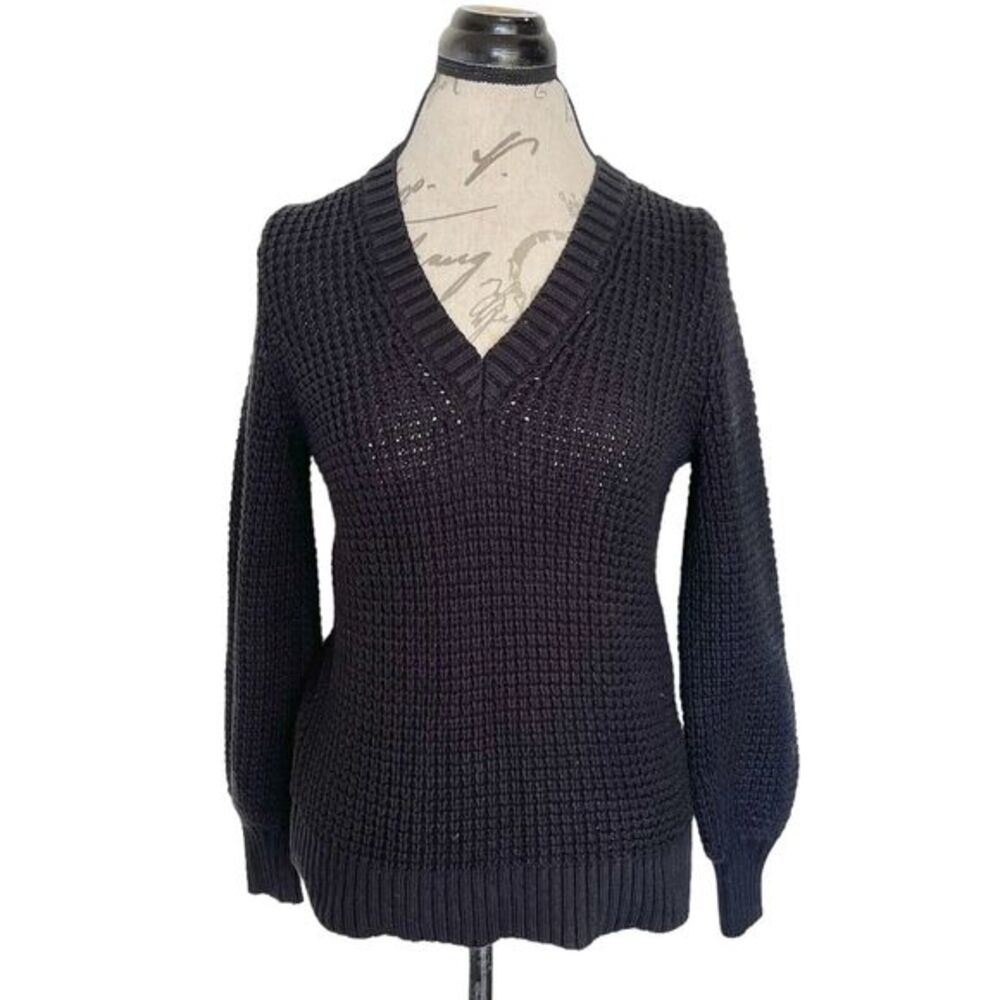 J. Crew Womens Sweater Size Small Cable Knit Honeycomb Black V Neckline Ribbed